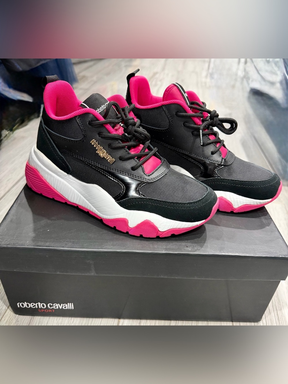 Roberto Cavalli Black & Hot Pink Chunky Sport Sneakers